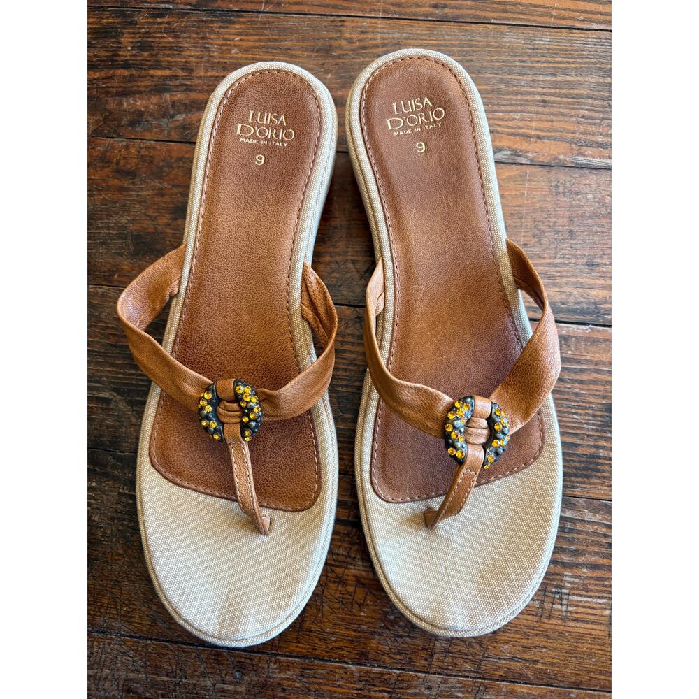 LUISA D’ORIO ITALY WEDGE JEWELED SANDAL CANVA & BROWN LEATHER, SIZE 9